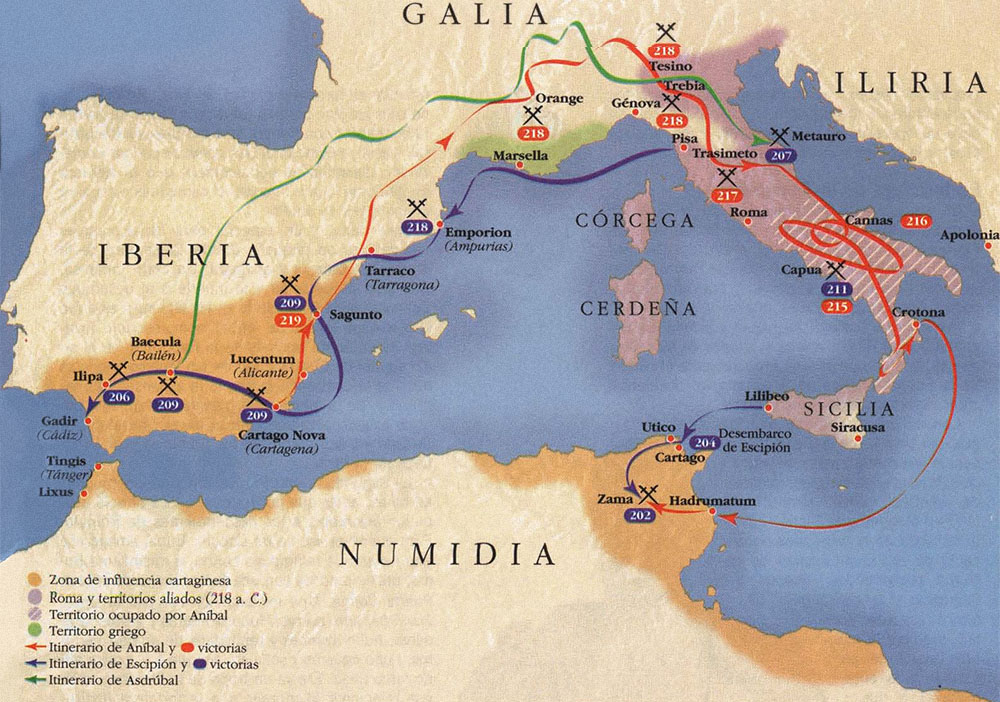Mapa de la segunda guerra púnica entre Roma y Cartago