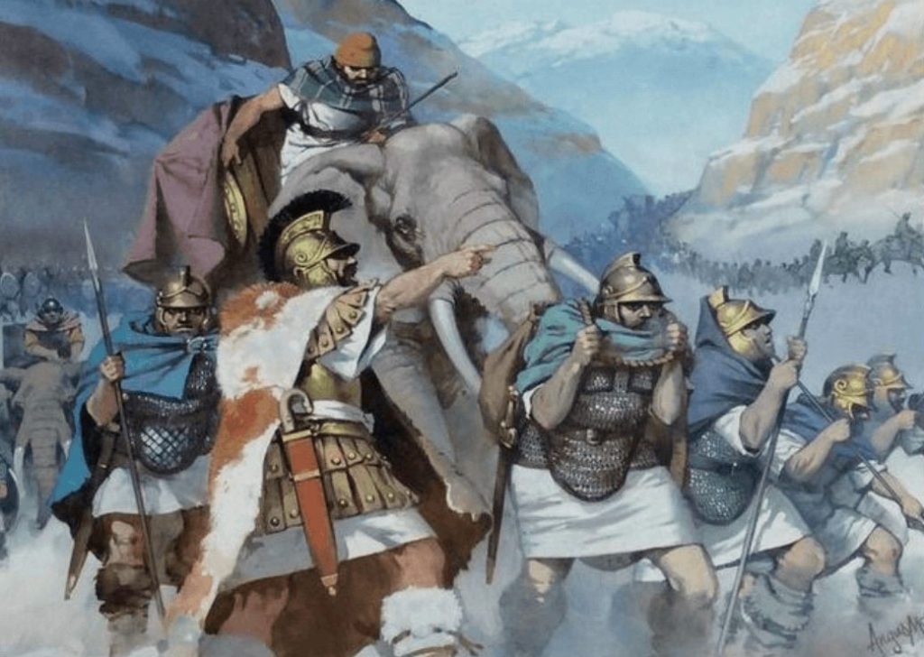 Aníbal cruzando los alpes, ilustración del prestigioso Angus McBrtide