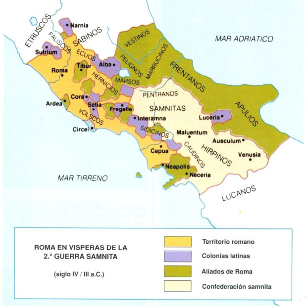 Mapa de la extensión de Roma durante las guerras samnitas