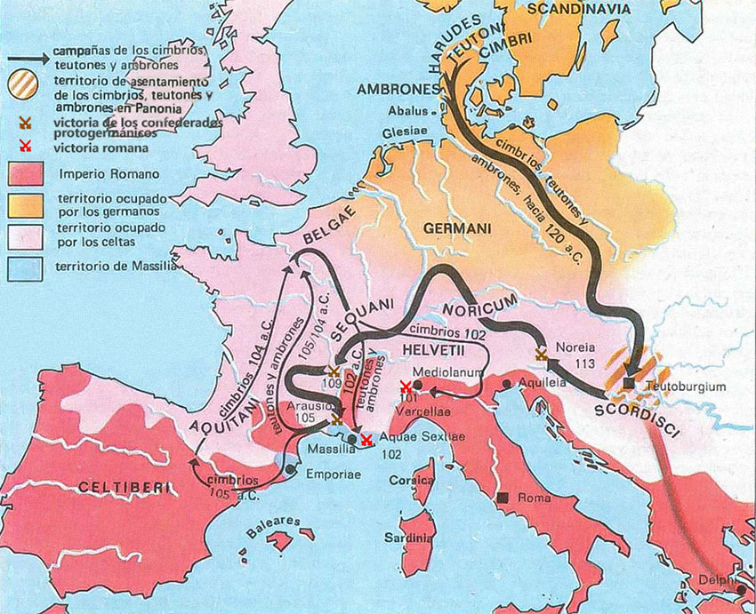 Mapa de las invasiones de cimbrios y teutones para un resumen de la historia de Roma