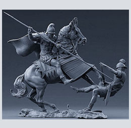 Figuras de resina de jinete macedónico vs legionario romano