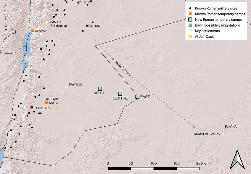 Mapa con la situación de los campamentos romanos descubiertos en Arabia