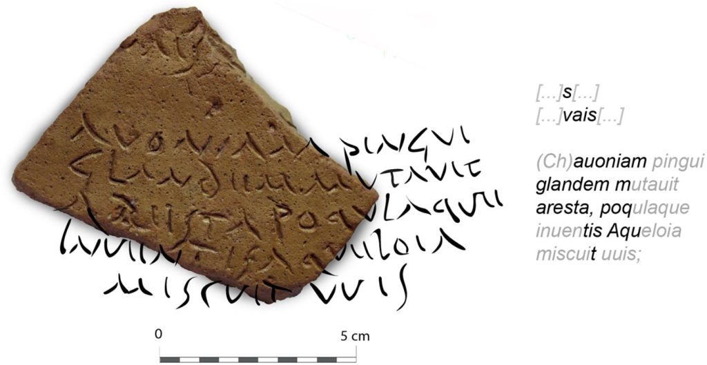 Reconstrucción de los versos de Virgilio inscritos en un fragmento de ánfora romana