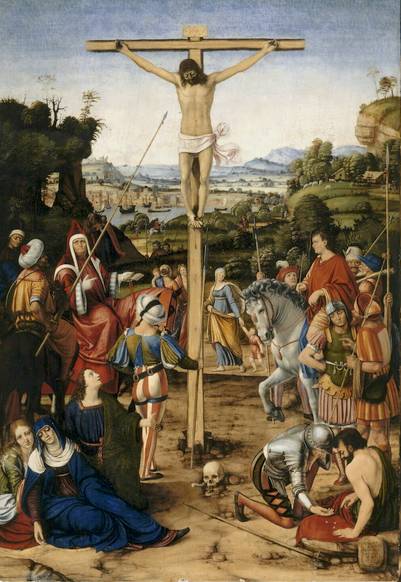 Crucifixión, de Andrea Solari Cuadro Crucifixión, de Andrea Solari, donde se pueden ver a los soldados romanos jugándose a los dados la túnica de Cristo