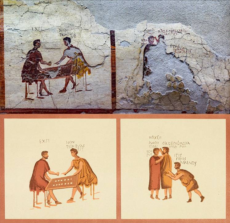 Fresco pompeyano con jugadores discutiendo en una taberna Escena de la Caupona de Salvius con jugadores discutiendo