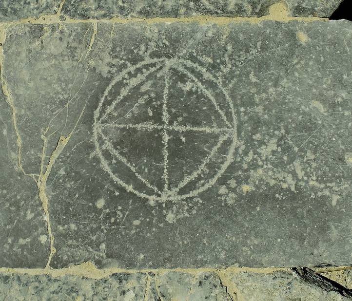 Tablero circular grabado a la entrada del anfiteatro de Itálica Juego de tablero romano grabado en el suelo a la entrada del anfiteatro de Itálica