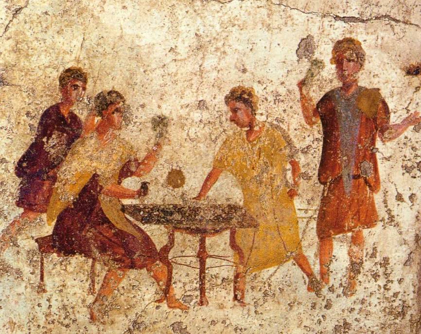 Fresco pompeyano con jugadores en una taberna Jugadores en un fresco de la Caupona de la vía de Mercurio, en Pompeya