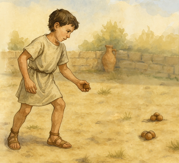 Niño jugando al catillo de nueces Niño jugando al nuces castellae