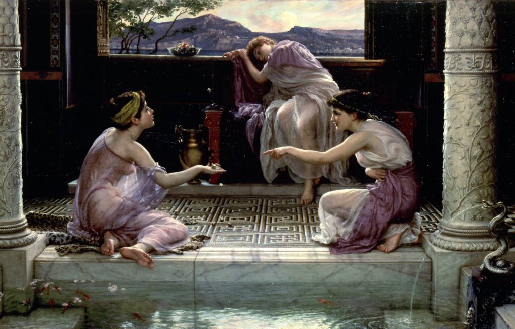 Unas jóvenes jugando a las tabas Unas chicas jugando a las tabas en el cuadro When the World was Young, de Edward Poynter